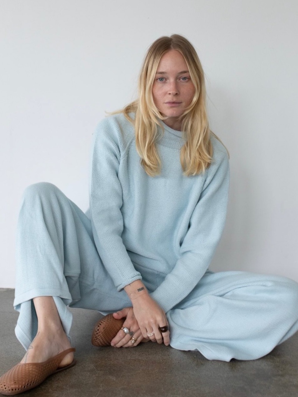Wide Leg Knit Pants in Light Blue - Modern Relaxed Fit